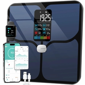 ABLEGRID A-SCALE-X-JD Smart Digital Bathroom Scale for Body Weight and Fat, Rechargeable Weight Scale with 16 Body Composition Metrics BMI, Heart Rate, Baby Mode, 400lb, Black