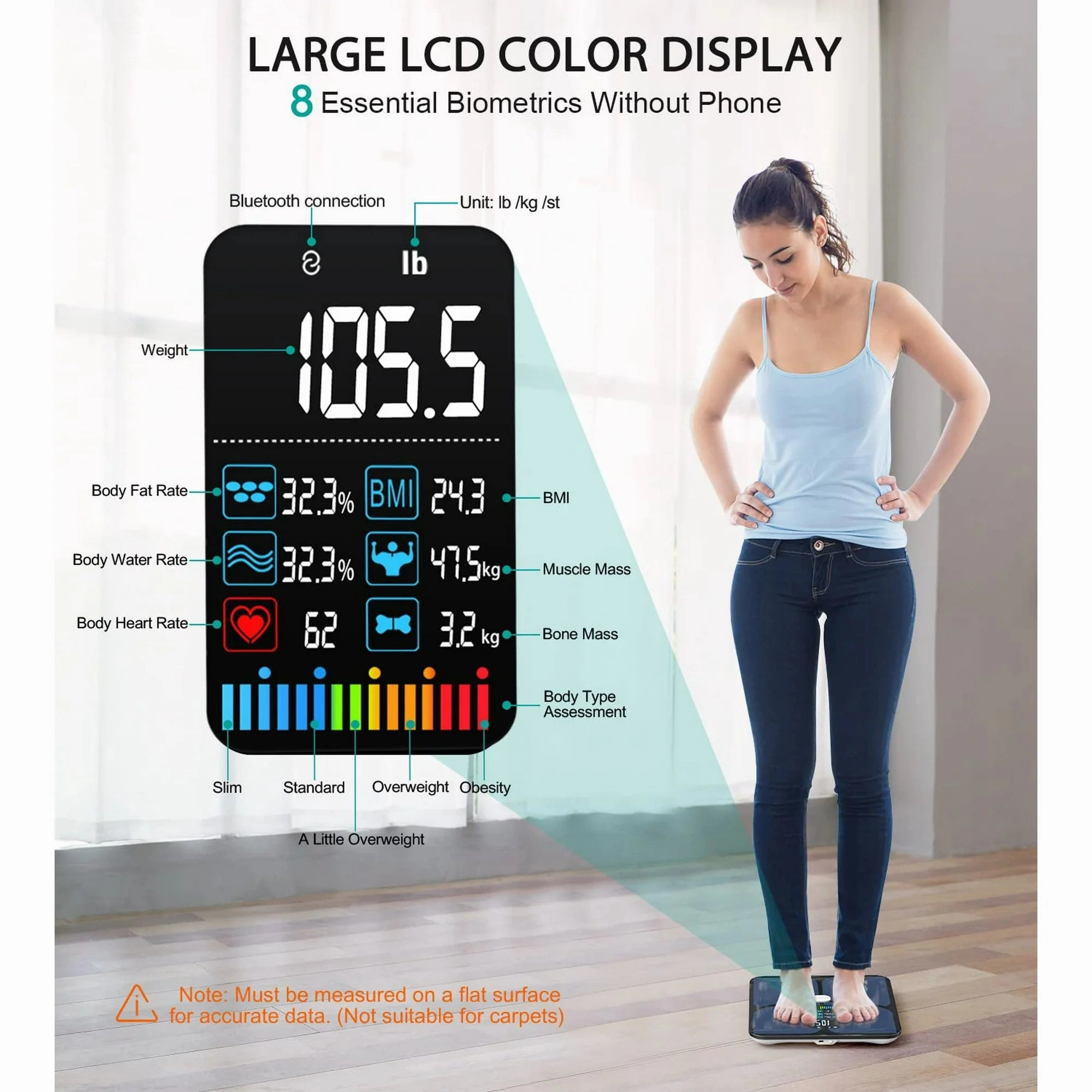 ABLEGRID A-SCALE-X-JD Smart Digital Bathroom Scale for Body Weight and Fat, Rechargeable Weight Scale with 16 Body Composition Metrics BMI, Heart Rate, Baby Mode, 400lb, Black