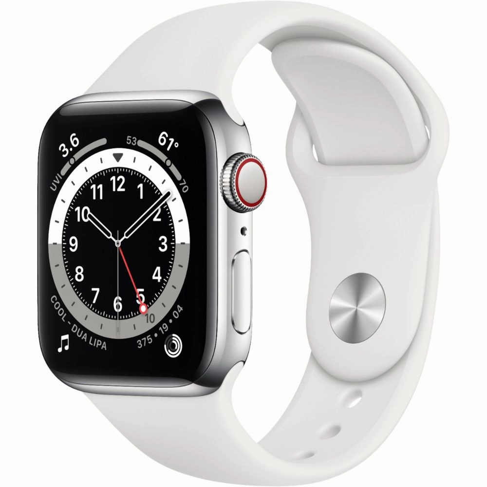 Apple Watch Gen 6 Series 6 Cell 40mm Silver Stainless Steel - White Sport Band M02U3LL/A