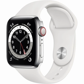 Apple Watch Gen 6 Series 6 Cell 40mm Silver Stainless Steel - White Sport Band M02U3LL/A