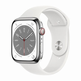 Apple Watch Gen 8 Series 8 Cell 45mm Silver Stainless Steel - White Sport Band MNVV3LL/A