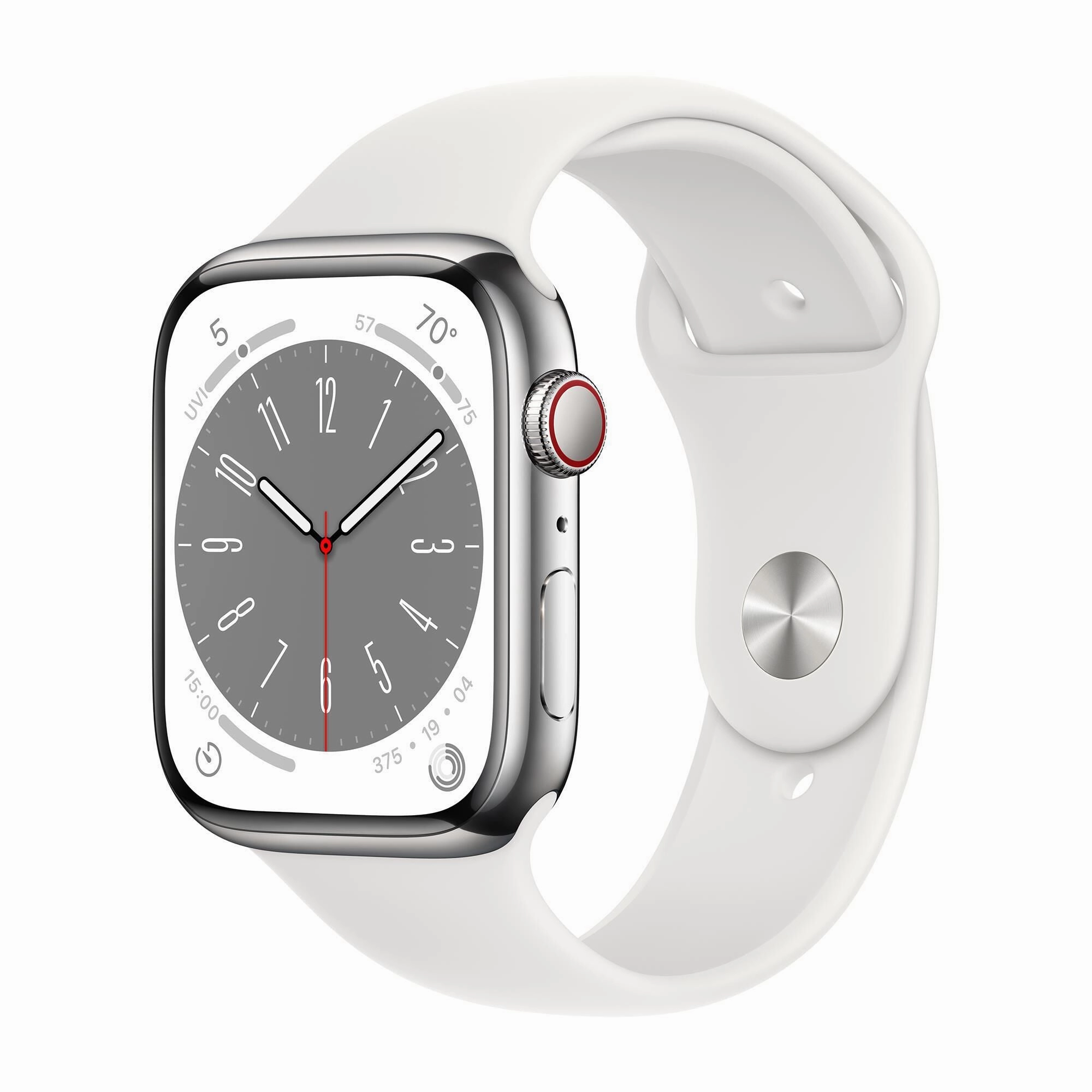 Apple Watch Gen 8 Series 8 Cell 45mm Silver Stainless Steel - White Sport Band MNVV3LL/A