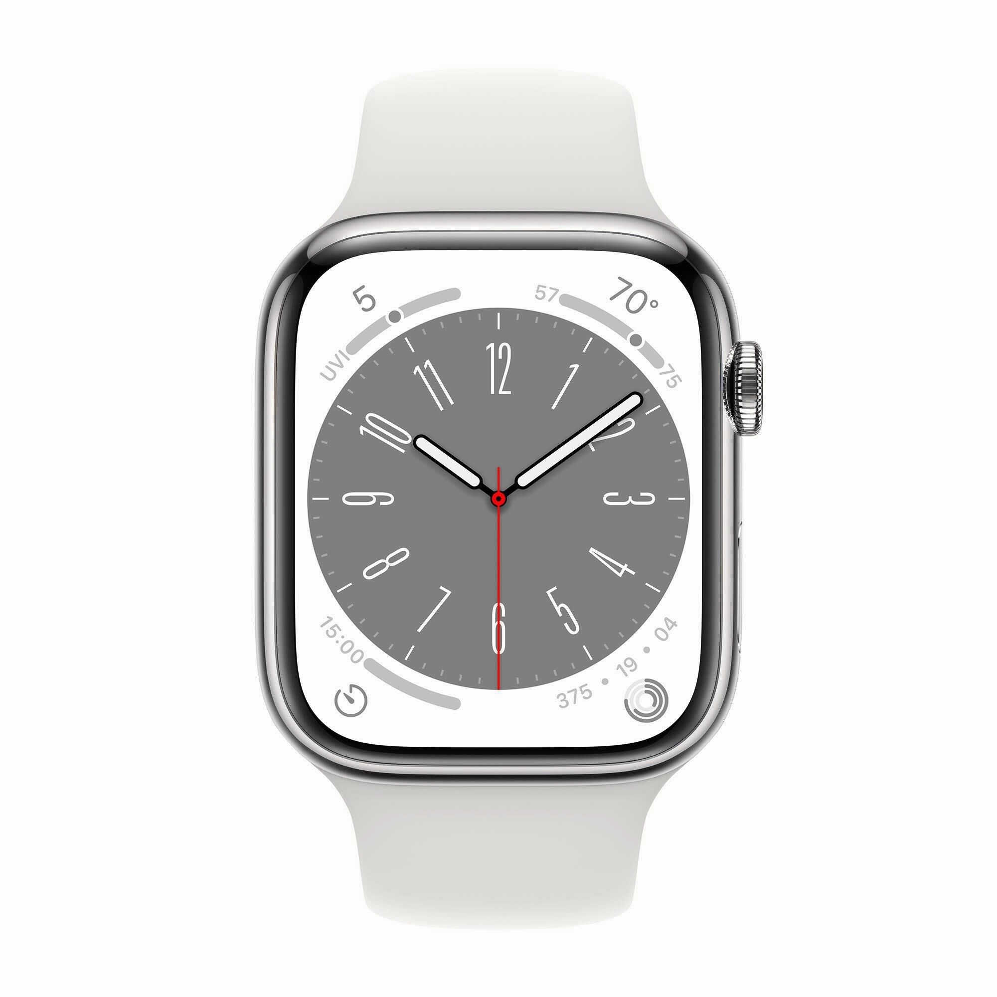 Apple Watch Gen 8 Series 8 Cell 45mm Silver Stainless Steel - White Sport Band MNVV3LL/A