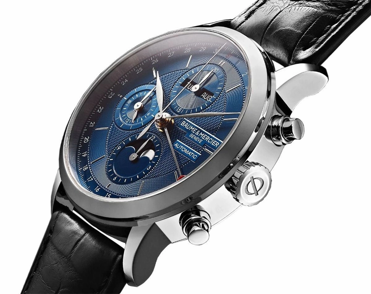 Baume & Mercier Classima Automatic Chronograph Blue Dial Black Leather Strap Moonphase Day-Date Month Mens Watch MOA10484