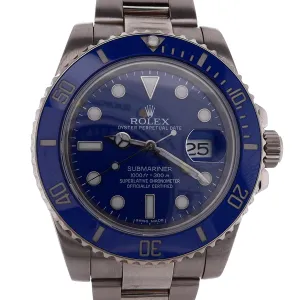 Estate Rolex 18 Karat White Gold Gents 40mm Oyster Perpetual Date Submariner Smurf Blue Dial Ceramic Blue Bezel 116619 With Box C.2008