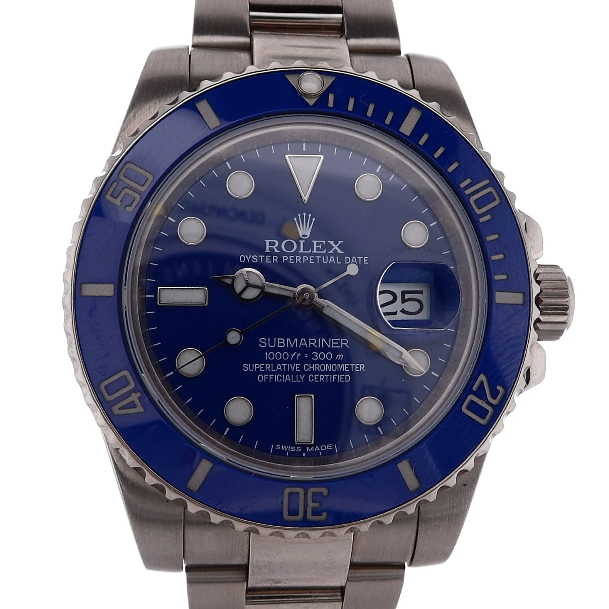 Estate Rolex 18 Karat White Gold Gents 40mm Oyster Perpetual Date Submariner Smurf Blue Dial Ceramic Blue Bezel 116619 With Box C.2008
