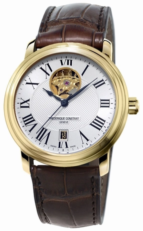 Frederique Constant Classics Heart Beat Automatic Yellow Gold Plated Steel Silver Dial Brown Leather Strap Date Mens Watch FC-315M4P5