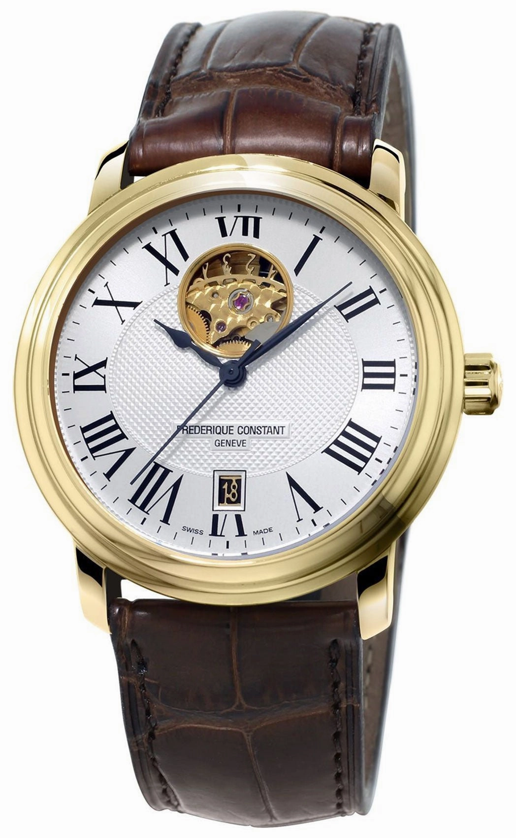 Frederique Constant Classics Heart Beat Automatic Yellow Gold Plated Steel Silver Dial Brown Leather Strap Date Mens Watch FC-315M4P5