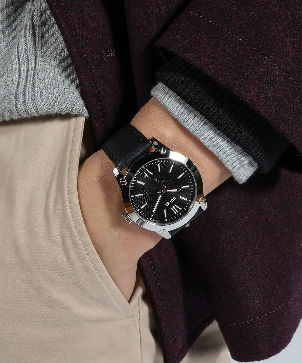 GUESS Mens Black Silver Analog Watch