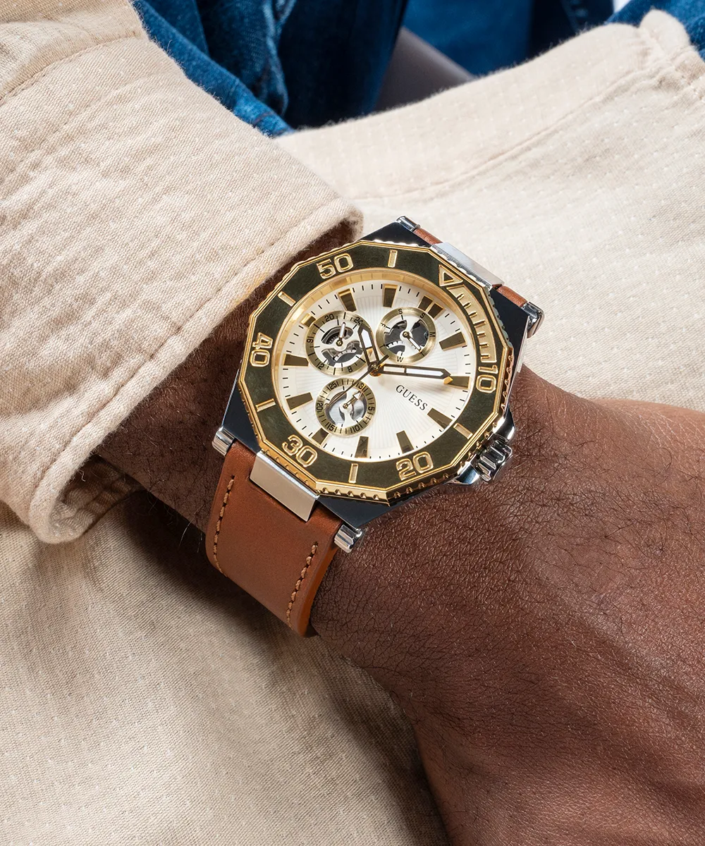 GUESS Mens Brown 2-Tone Multi-function Watch