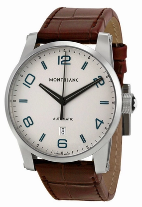 Montblanc Timewalker Silver Dial Date Brown Leather Strap Automatic Mens Watch 110338