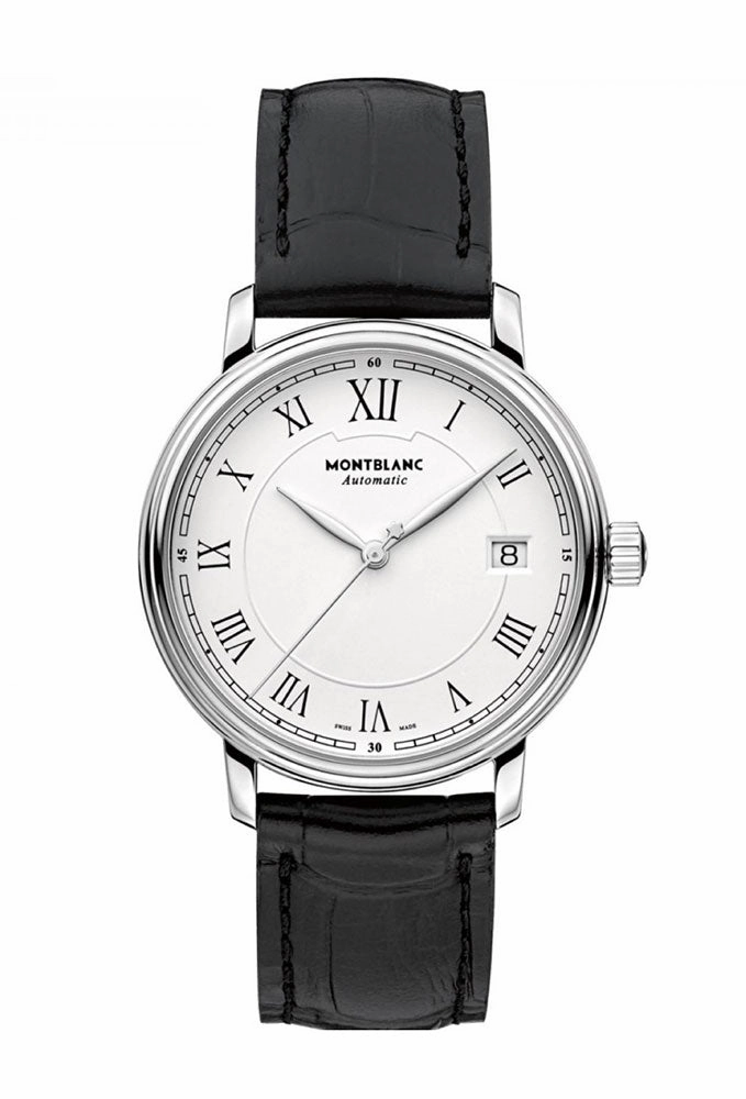 Montblanc Tradition White Dial Date Black Leather Strap Automatic Mens Watch 112609