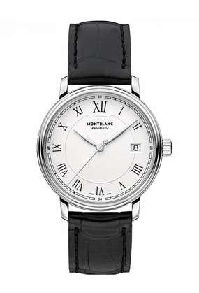 Montblanc Tradition White Dial Date Black Leather Strap Automatic Mens Watch 112609